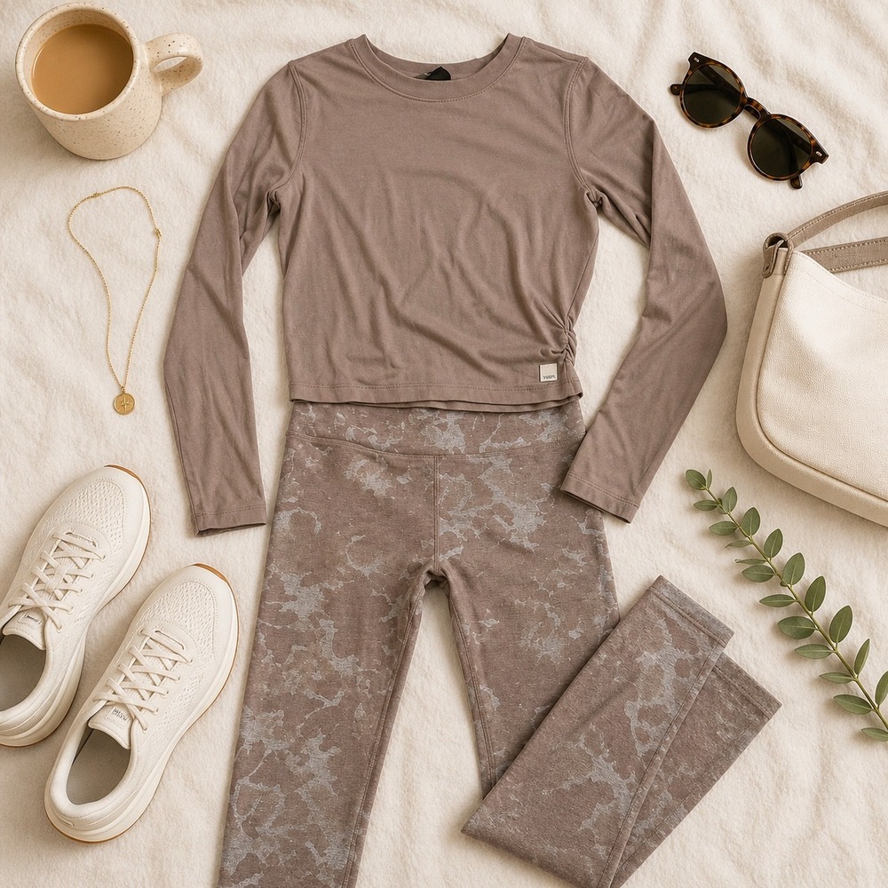 Vuori Taupe Marble-Print High-Rise Leggings with Cropped Long-Sleeve Top